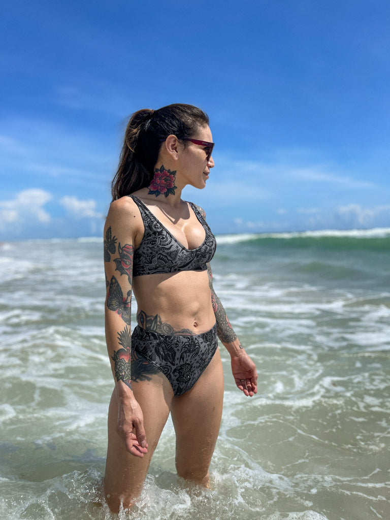 Dark Tattoo Flash High-Waist Bikini Bottom