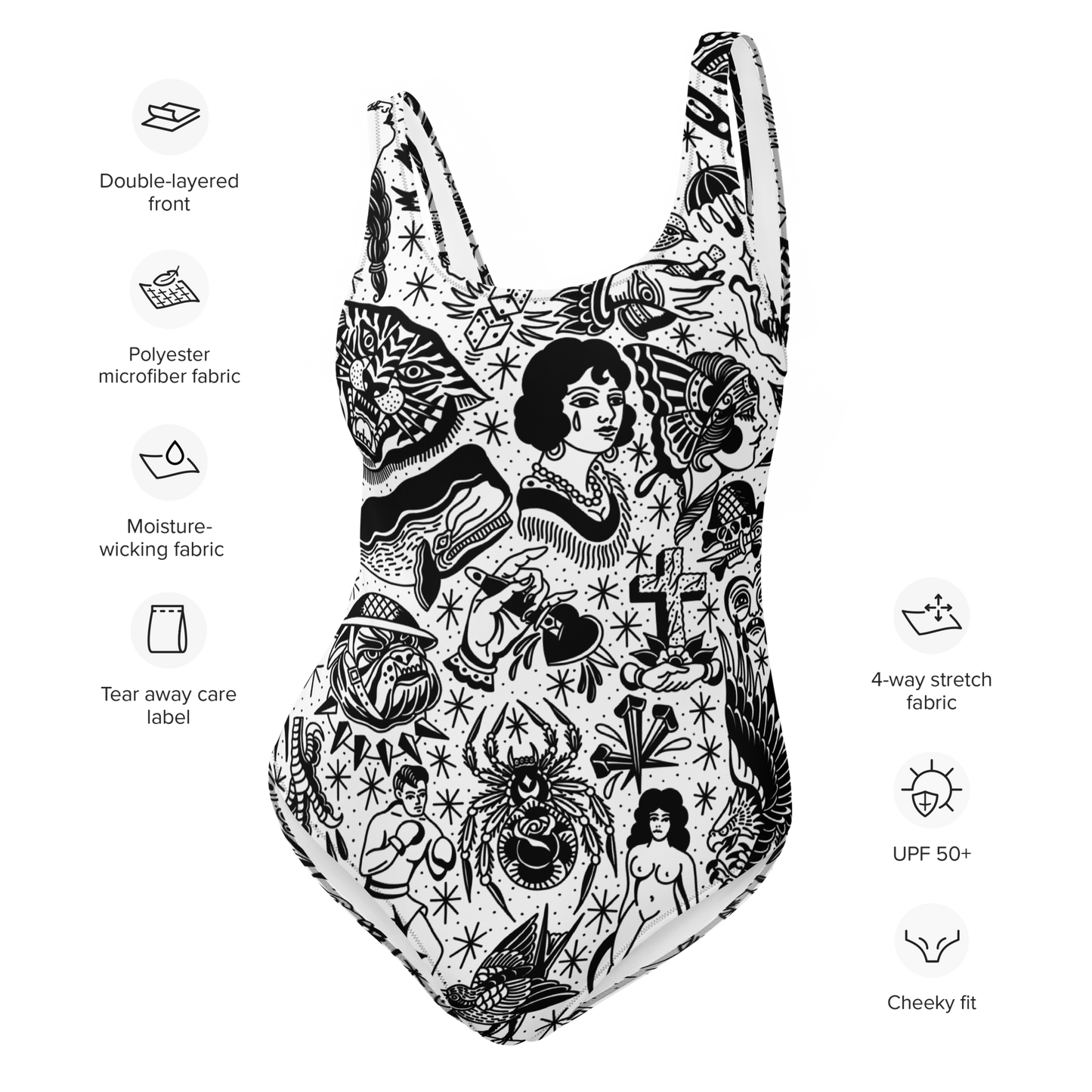 White Tattoo Flash One-Piece Swimsuit