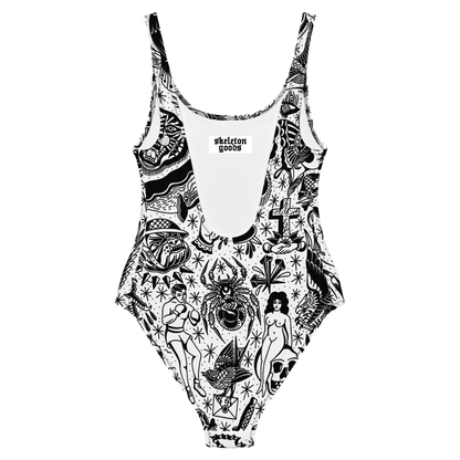 White Tattoo Flash One-Piece Swimsuit