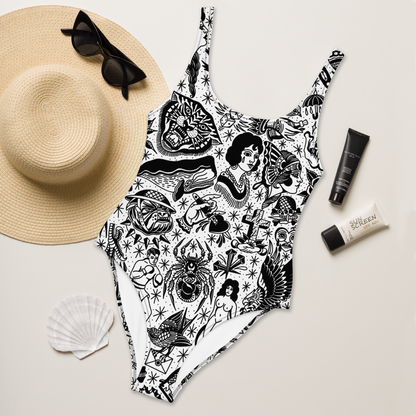White Tattoo Flash One-Piece Swimsuit