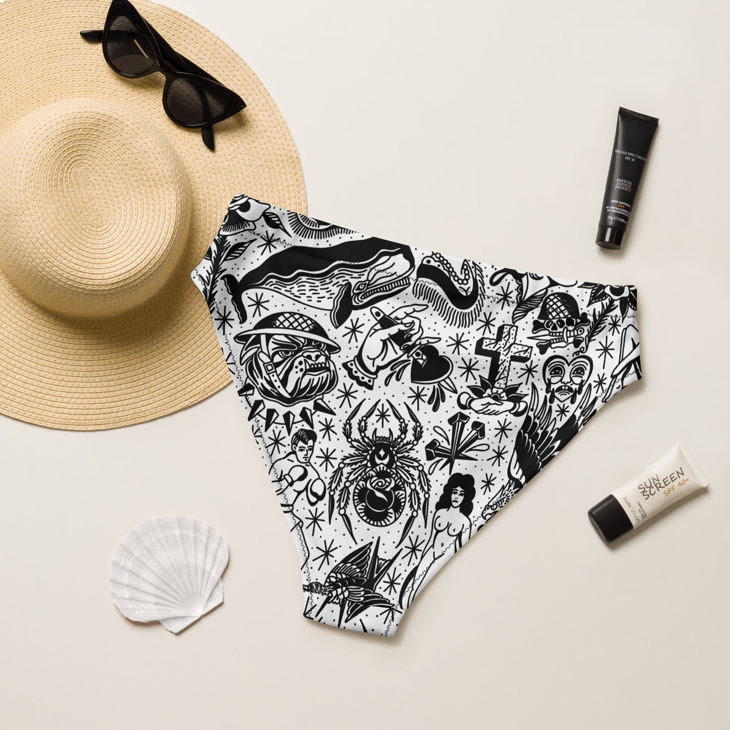 White Tattoo Flash Recycled high-waisted bikini bottom