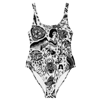 White Tattoo Flash One-Piece Swimsuit